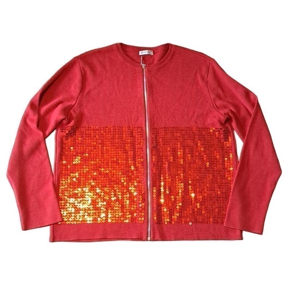 Vakko Red zip up wool sweater sparkly sequins L women’s - Picture 1 of 5